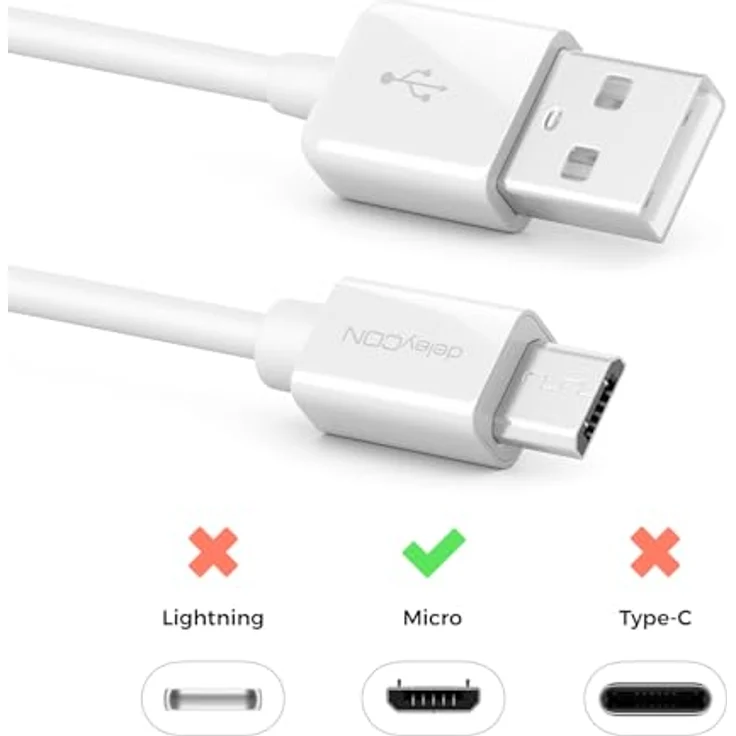 deleyCON 3,0m Micro USB Ladekabel, USB 2.0 High Speed Daten- und Ladekabel für Android Smartphones, Tablets und mehr, Weiß – Bild 2