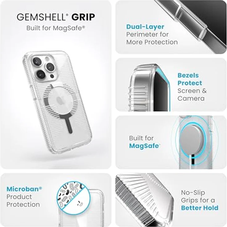 Speck GemShell Grip Clear, transparente Schutzhülle für iPhone 15 Pro, MagSafe-kompatibel, kratzfest, vergilbungsfrei, 6,1 Zoll, Fallschutzgriff – Bild 3