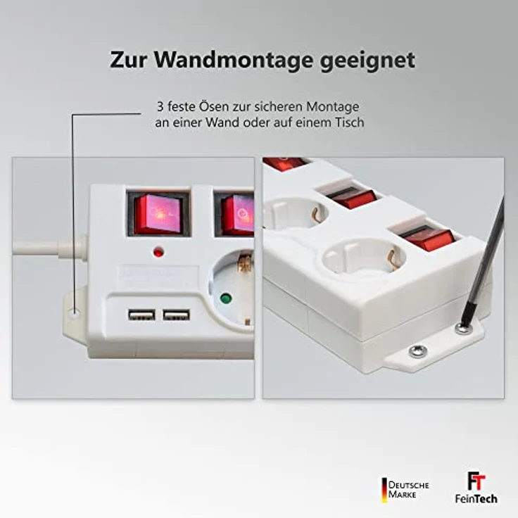 FeinTech Steckdosenleiste einzeln schaltbar mit USB, 6-Fach Mehrfachsteckdosenleiste mit Überspannungsschutz und 3 Steckdosen mit extra breitem Abstand, MD000652 – Bild 5