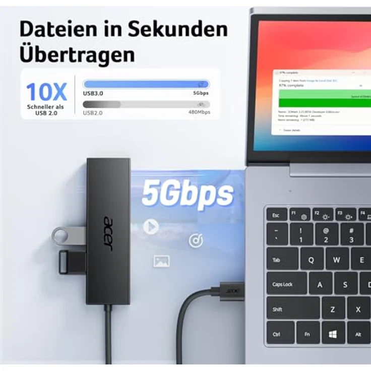 Acer USB 3.0 Hub, Ultra Slim 4*Typ-A Verteiler mit USB-C-Stromversorgung und 5 Gbps Übertragungsraten – Bild 3