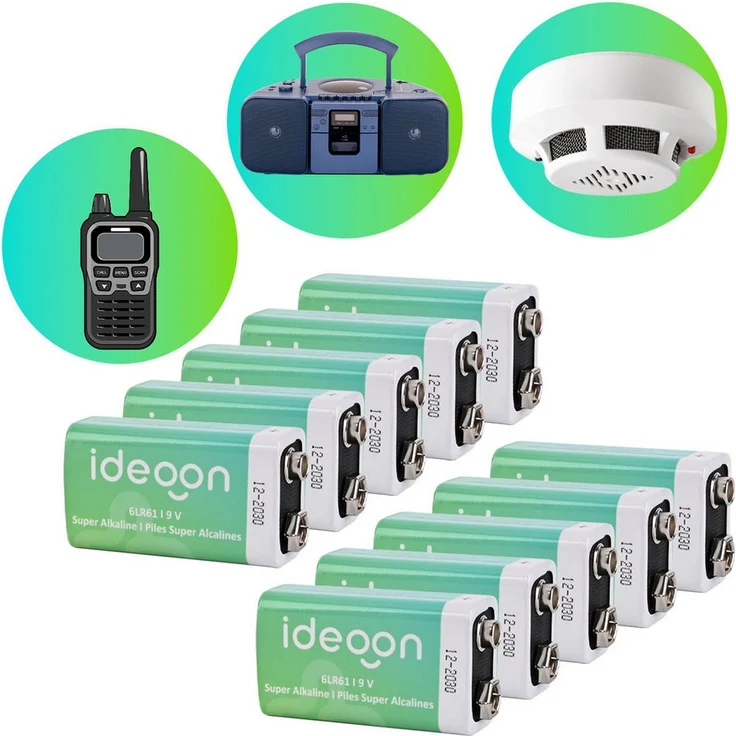 shop'n smile ideoon 9V-Block Batterie 6LR61 Alkaline, 10er Pack, für Rauchmelder und Messgeräte, auslaufsicher und langlebig