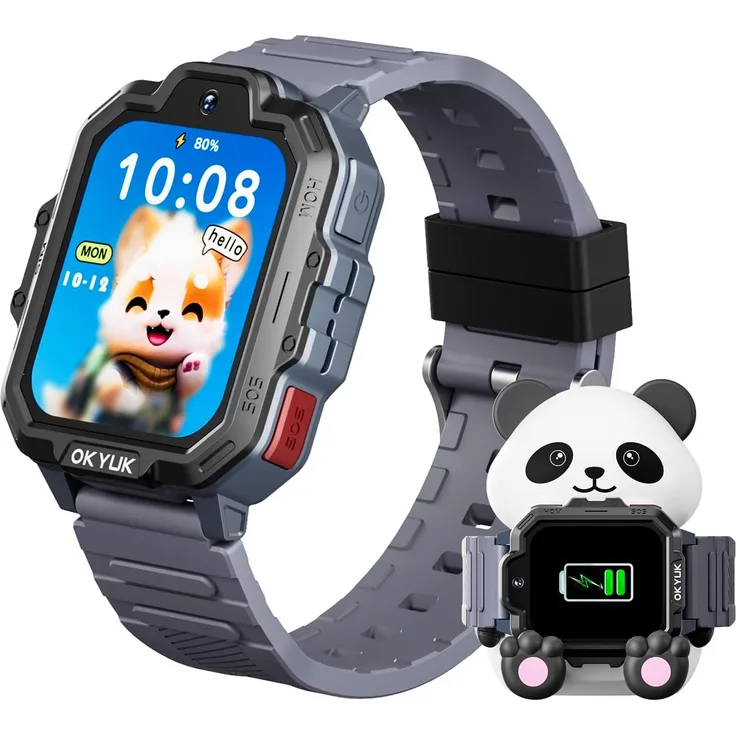OKYUK T17 Kinder Smartwatch 4G, GPS, Videoanruf, SOS-Notruf, Schulmodus, Spiele, Kamera, Panda-Ladestation
