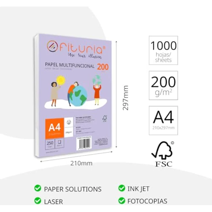 OFITURIA DIN A4 Druckerpapier, 200g/m², 1000 Blatt, multifunktionales Kopierpapier für Schule und Büro, weiß, FSC-zertifiziert – Bild 2