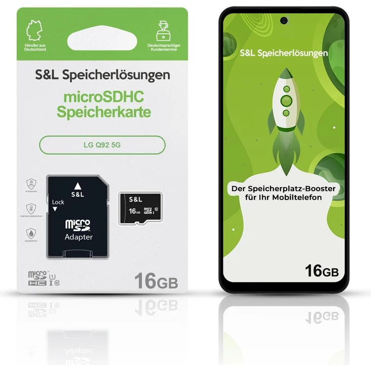 S&L microSD Speicherkarte für LG Q92 5G, 16 GB, Class 10 U1, stoßsicher und wasserdicht