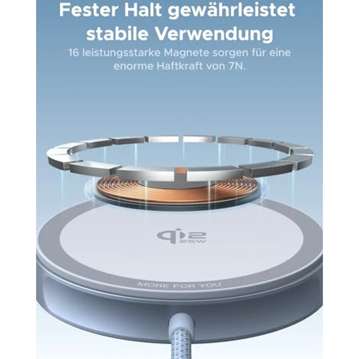 UGREEN 25W Magnetic Wireless Charger, kabelloses Ladegerät mit 15W MPP-Protokoll, Blau, 1,5 m geflochtenes Nylonkabel – Bild 7