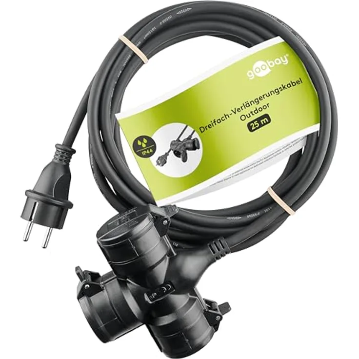 goobay 65439 Outdoor 3-Fach Verlängerungskabel/Stromkabel mit Schutzklappen (IP44) - 25m, schwarz