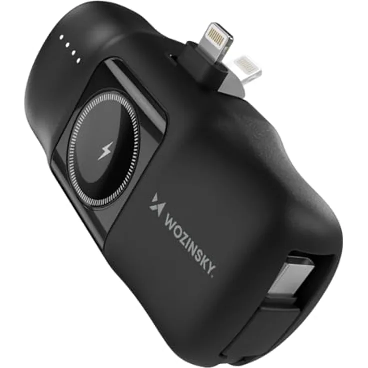 Wozinsky WF16-YLS, 5000 mAh Mini-Powerbank mit 15 W Ladeleistung, integriertem USB-C-Kabel und Apple Watch Ladegerät, Schwarz