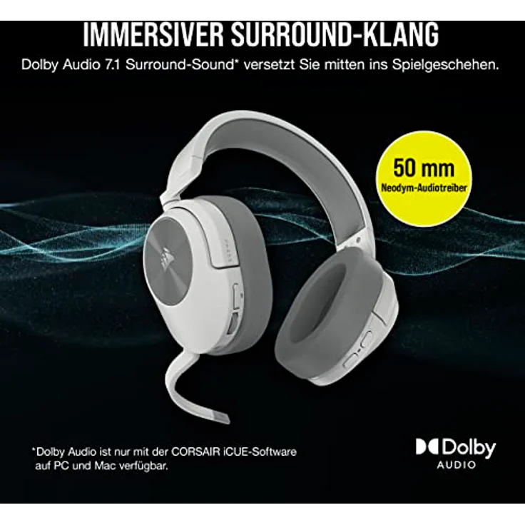 Corsair HS55 Wireless Gaming-Headset - Geringer Latenz 2,4-GHz-Wireless- oder Bluetooth, Dolby® Audio 7.1-Surround-Sound, Leichtgewicht, Omnidirektionales Mikrofon, Zugängliche Tasten - Weiß – Bild 3