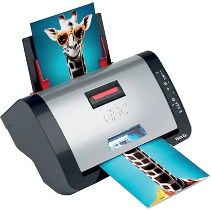 GBC Velocity Automatisches A4 Laminiergerät, Kompakte Büro-Laminiermaschine mit Auto-Ausrichtung, Schnelle Aufheizzeit, Schwarz/Rot, inkl. 80-Mic Starterrolle