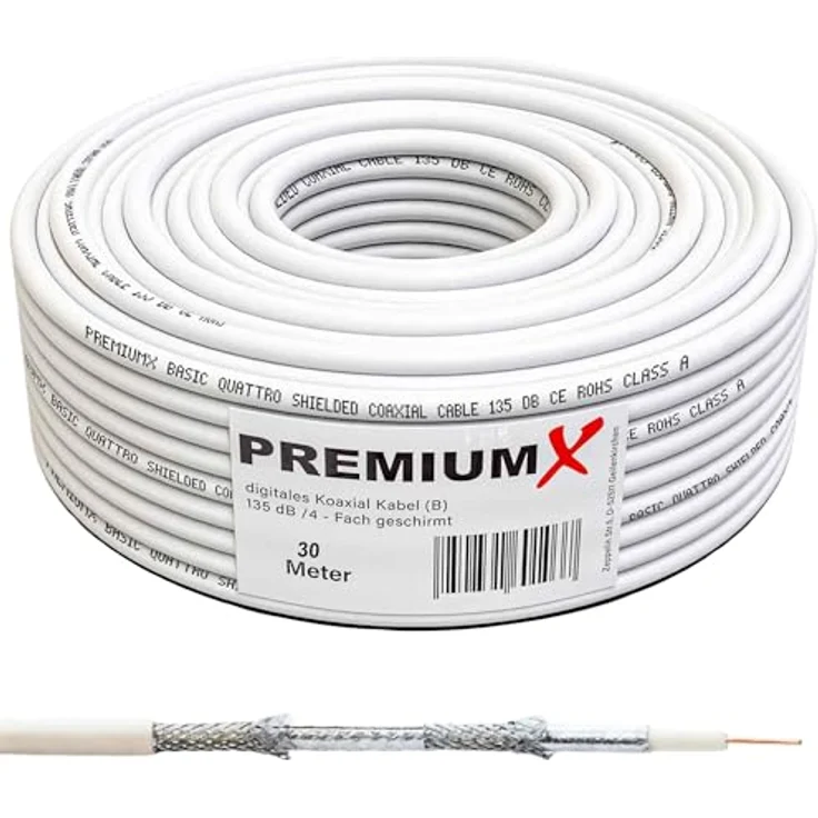 Premium X 30m BASIC Koaxialkabel, 135dB 4-fach abgeschirmt, CCS Kupfer-Stahl, FULLHD, 3DTV, UltraHD 4K geeignet, UV-beständig – Bild 1