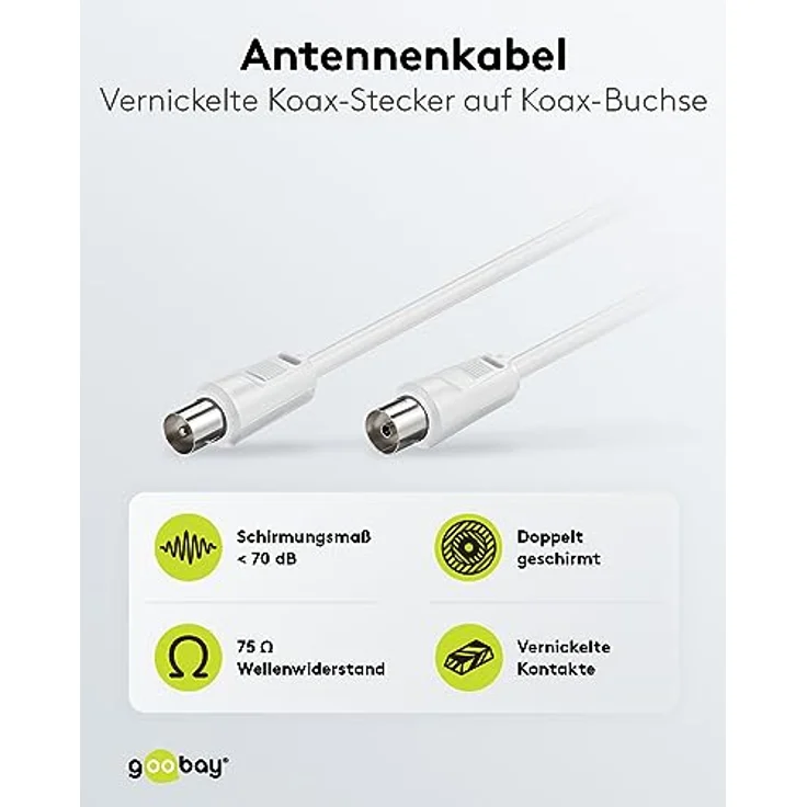 Goobay 50125 Antennenkabel, Vernickelte Koax-Stecker auf Koax-Buchse, Koaxialkabel geeignet für TV, HDTV, Radio, DVB-T2, DVB-S, DVB-S2, DVB-C, L, 2-fach geschirmt, 70 dB, 75 Ohm, 20m, weiß – Bild 3