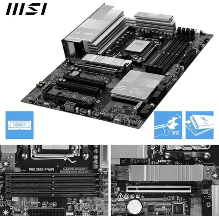 MSI PRO X870-P WiFi Mainboard, ATX - Unterstützt AMD Ryzen 9000/8000/7000 Prozessoren, AM5-60A SPS VR M, DDR5 Memory Boost (8200+ MT/s OC), PCIe 5.0 x16 & 4.0 x16, M.2 Gen5, Wi-Fi 7, 5G LAN, Schwarz – Bild 3
