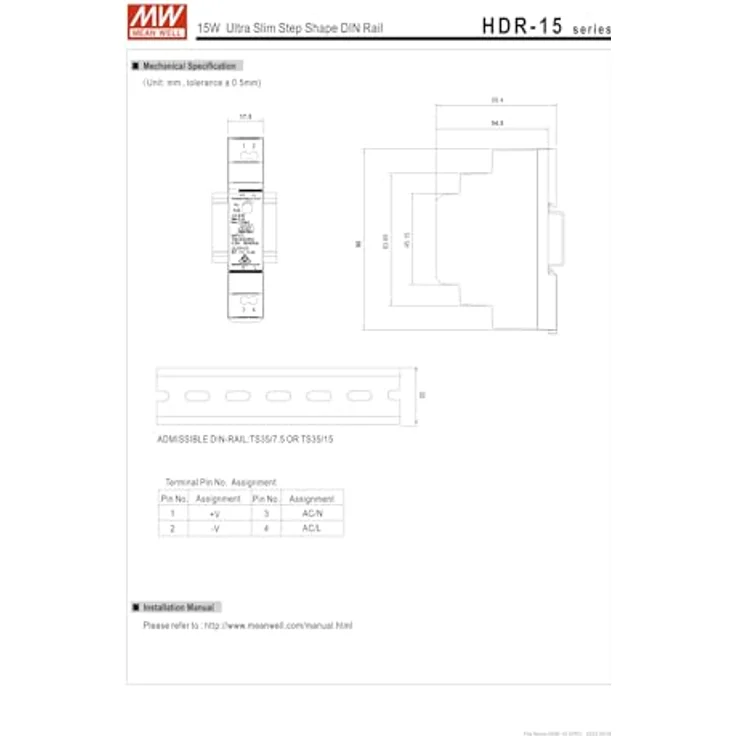 Mean Well HDR-15-24, 15,2 W Ultra Slim DIN-Schienen-Netzteil, 24 V, 0,63 A, universeller Eingang 85-264 V AC – Bild 5