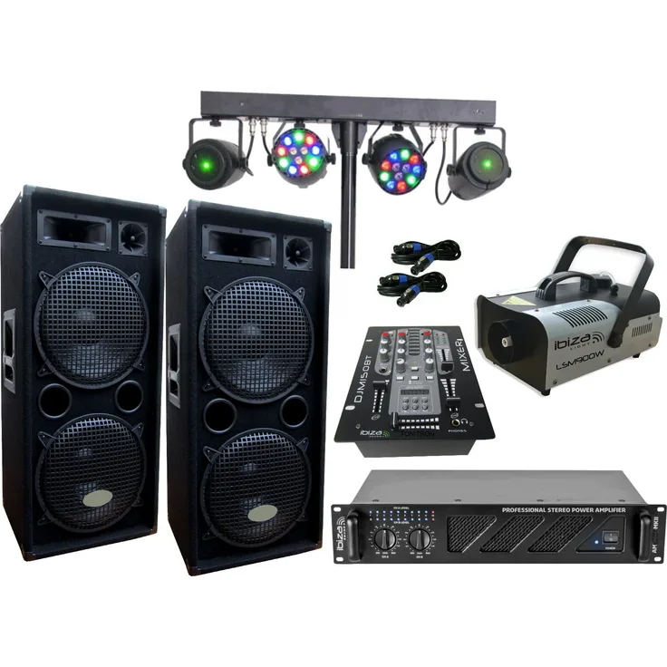 DSX PA Party DJ Set, Lautsprecher BT Mixer Verstärker Lichtset Nebelmaschine 3000 W, schwarz