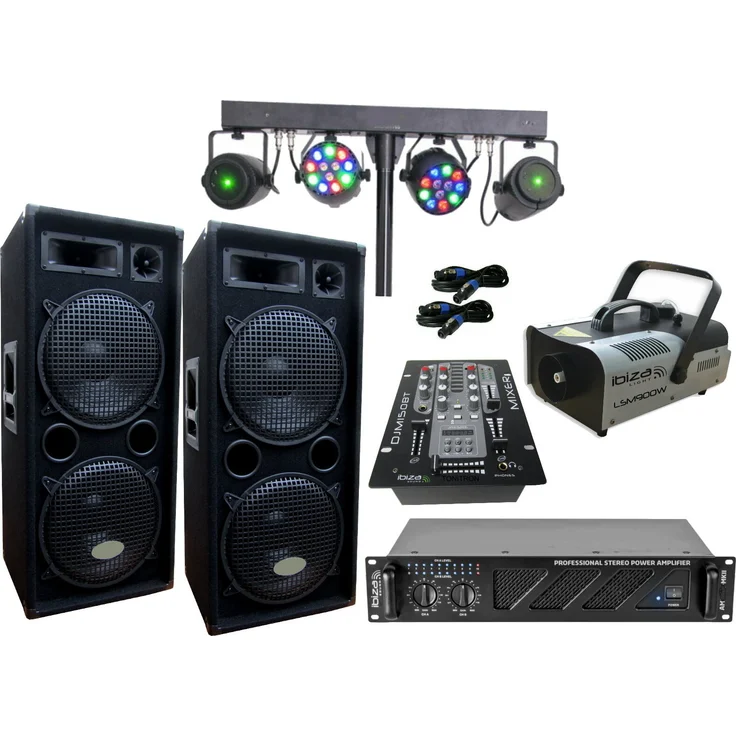 DSX PA Party DJ Set, Lautsprecher BT Mixer Verstärker Lichtset Nebelmaschine 3000 W, schwarz