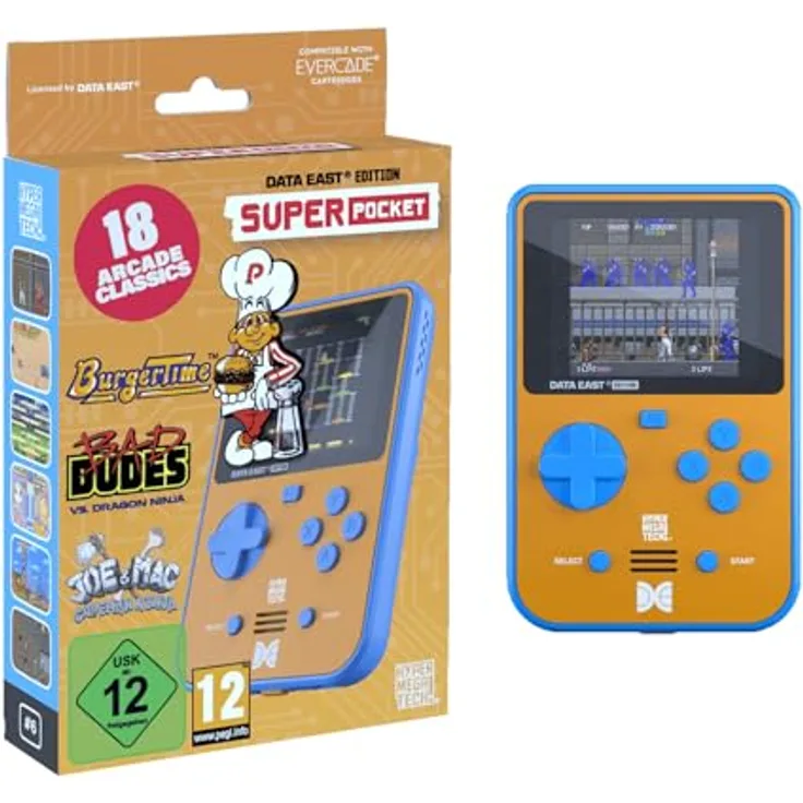 BLAZE EVERCADE DATA EAST SUPER POCKET, Handheld-Konsole mit 18 vorinstallierten Arcade-Spielen, 2,8 Zoll IPS Display, USB-C-Laden, 4+ Stunden Akkulaufzeit