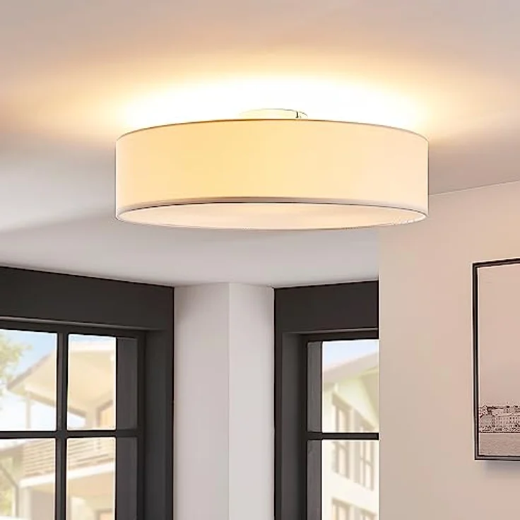 Lindby Textil Deckenleuchte rund 50 cm, Deckenlampe Stoff weiß, blendfreies Licht, 3x E27 max. 60W, Design-Highlight – Bild 3