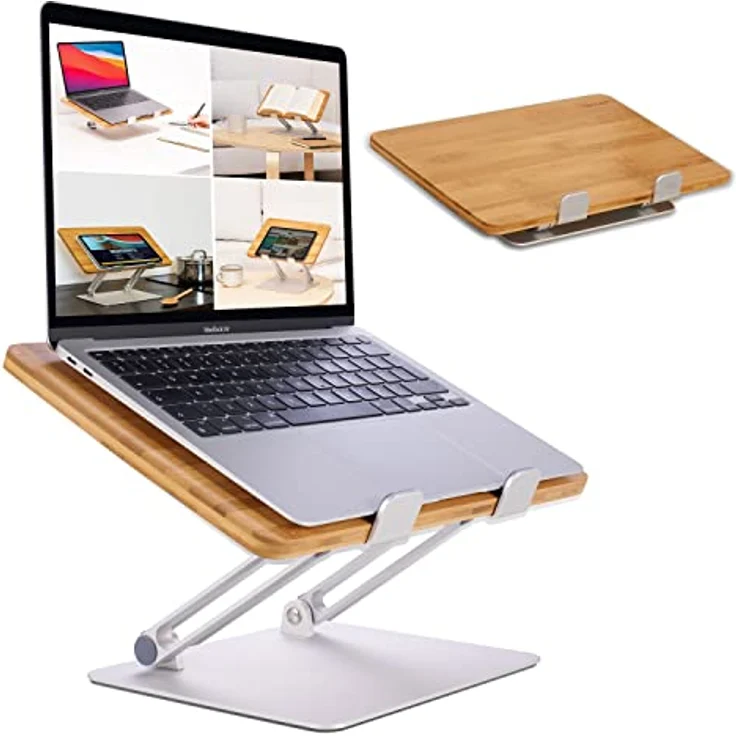 HENNEZ Laptop Ständer Holz höhenverstellbar, ergonomische Notebook Halterung mit Anti-Rutsch-Funktion, klappbar und stabil, universelle Größe für MacBook und iPad – Bild 1