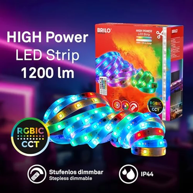 BRILONER LED Strip 5m, RGB IC Lichtleiste mit Fernbedienung, dimmbar, CCT, spritzwassergeschützt, 5000x10x3 mm, Weiß – Bild 5