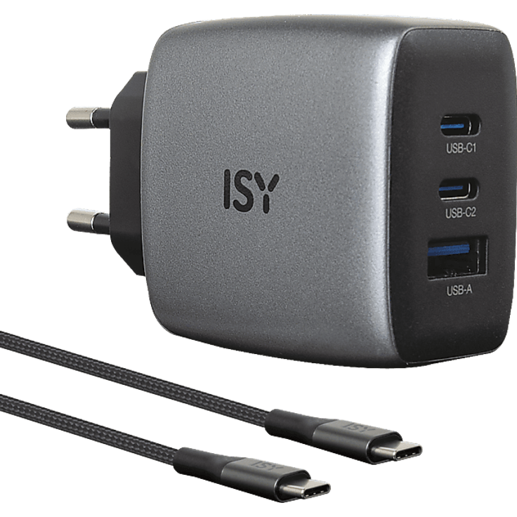 ISY IAC-5650-GY, 65W GAN Ladegerät mit 2m USB-C Kabel, Grau