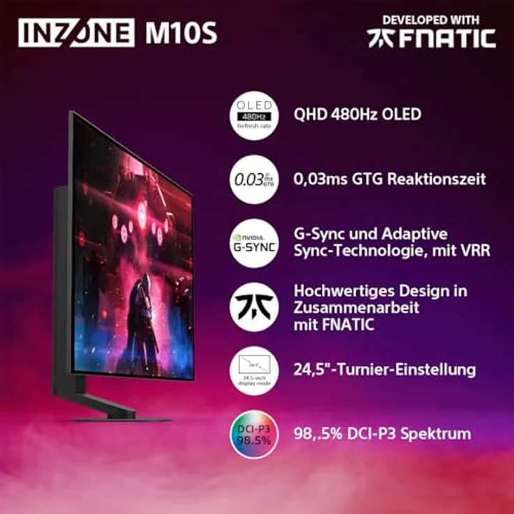 Sony INZONE M10S 27" OLED QHD PC Gaming Monitor: 1440p, 480Hz, 0.03ms GTG, DCI-P3 98.5%, G-Sync, Adaptive Sync, VRR, Co-entwickeltes Modell mit Fnatic, 1300 nits, DisplayPort 2.1-2 x HDMI 2.1- PC, PS5, Schwarz – Bild 2