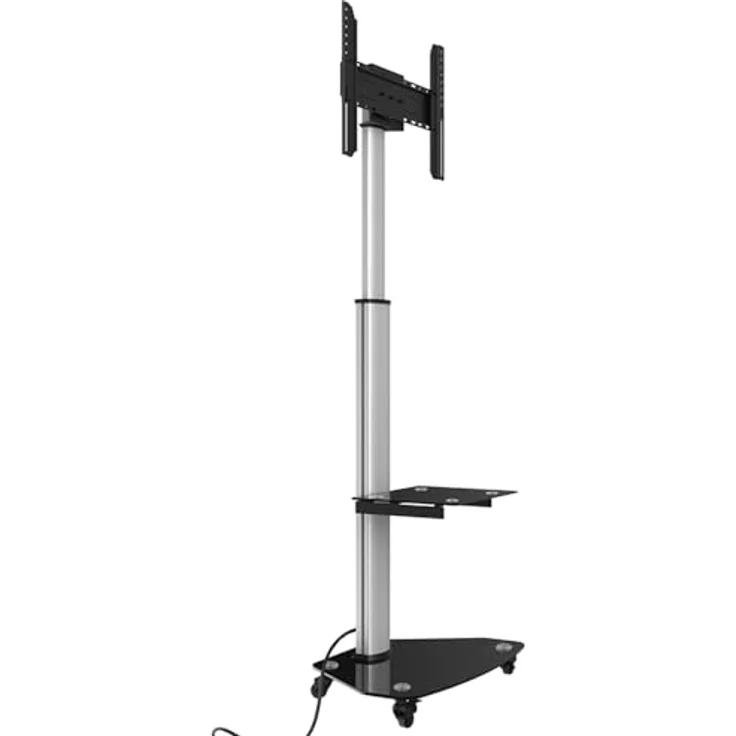 XTRARM Proton 300 mobiler TV Ständer mit Ablage, 37-70 Zoll / 40 kg, VESA-Größen, bis 209 cm Höhe, Schwarz/Silber – Bild 3