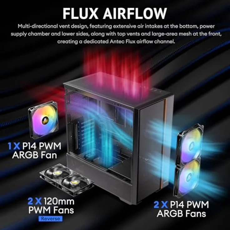 Antec FLUX Rear Midi Tower PC Gehäuse, ATX/Micro-ATX/ITX, schwarz, mit RGB-Beleuchtung und verbessertem Kabelmanagement – Bild 3