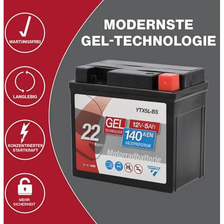 CARTEC YTX5L-BS Motorradbatterie, 5Ah, 140A, Gel-Technologie, wartungsfrei, zyklenfest, schwarz – Bild 4