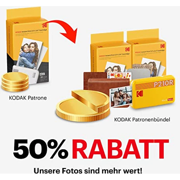 KODAK Mini 2 Retro 4PASS Mobiler Fotodrucker (5,3x8,6cm) - Gift Paket met 68 Blatts, Weiß – Bild 4