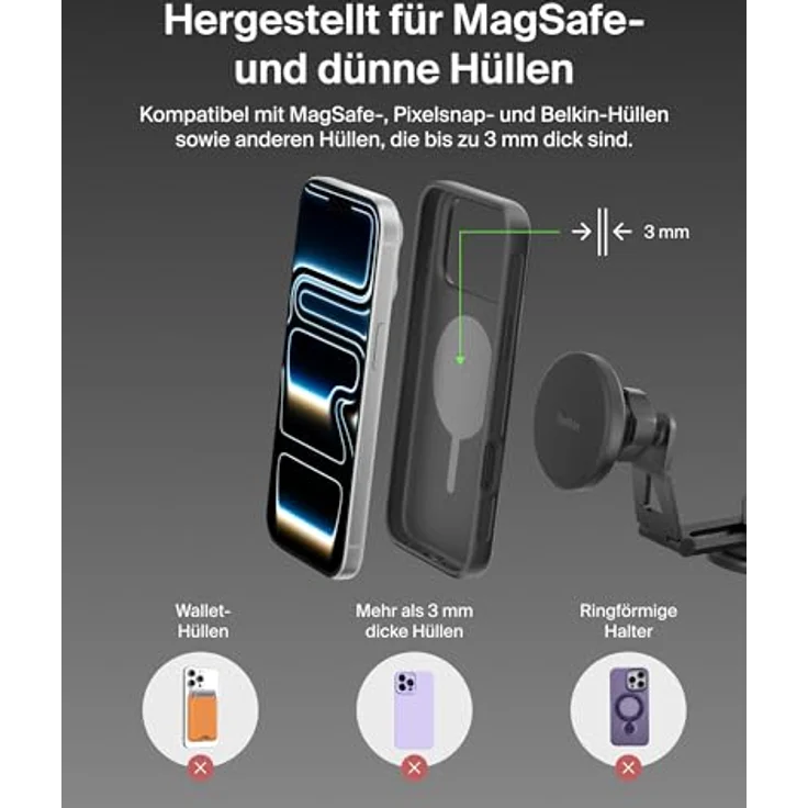 Belkin Magn.kabelloses Kfz-Ladegerät Qi2 WIC013hqBK mit Halterung, 15 W, Wireless Charger, Schwarz – Bild 6