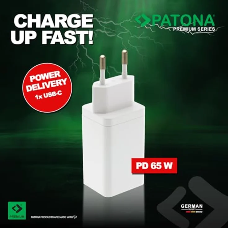 PATONA Premium GaN 65W PD3.0 Schnell-Ladegerät, 1x USB-C Port, QC3.0 | Weiß | Kompakt, langlebig & sicher, weltweit einsetzbar (100-240V) – Bild 2