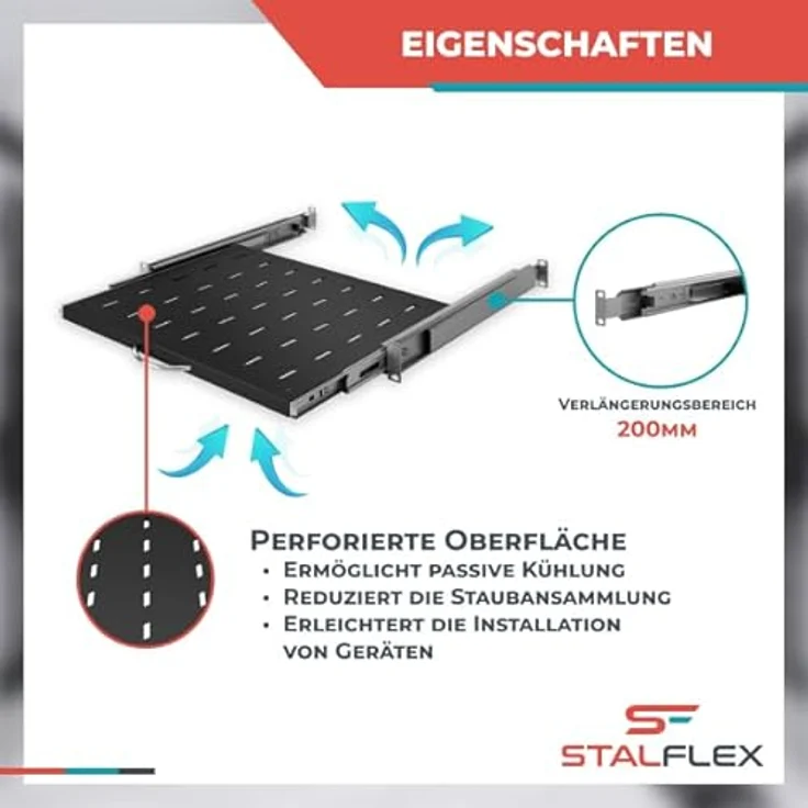 Stalflex Server Netzwerkschrank 19 Zoll 1U 350mm, Hochbelastbarer Stahl, Ausziehbares belüftetes Rackmontage Kragarmtablett, 19 Zoll Fachboden – Bild 3