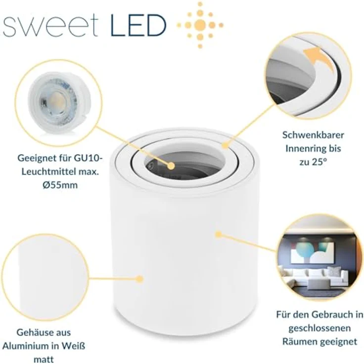 Sweet Led Aufbaurahmen Weiß GU10 Aufbauspots Rund Deckenspots aus Aluminium Deckenleuchte Aufputz schwenkbar Spots 230V Deckenlampe schwenkbar Aufbauleuchte – Bild 2