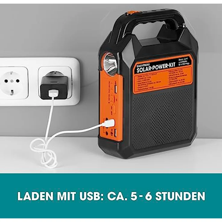 Easymaxx Solar-Power-Kit 09467, Powerbank 10000 mAh mit Solaraufladung, Schwarz, Orange, inkl. LED-Lampe und Lautsprecher – Bild 4