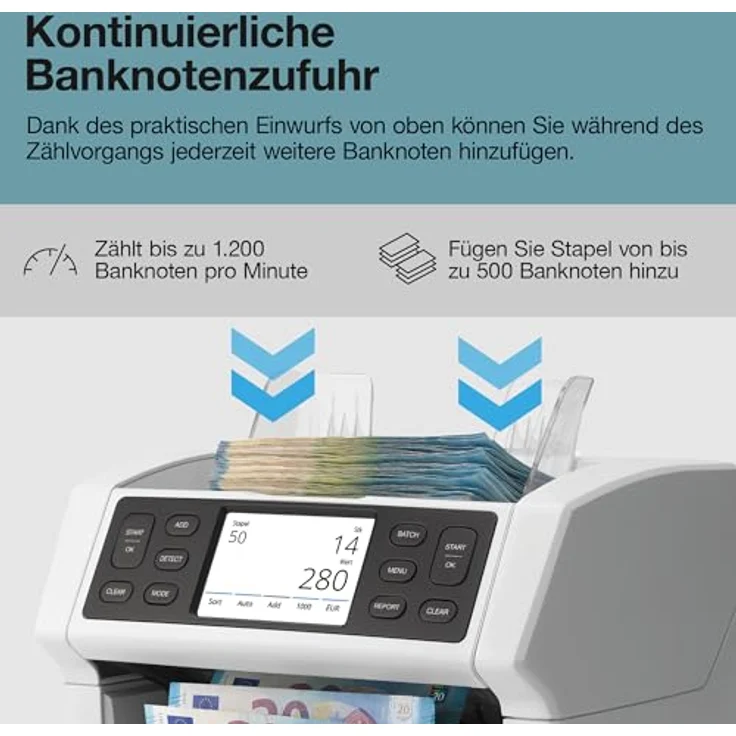Safescan Banknotenzähler 2865-SC, 100% Falschgelderkennung, bis zu 1.200 Banknoten/min, inkl. Bluetooth App – Bild 4