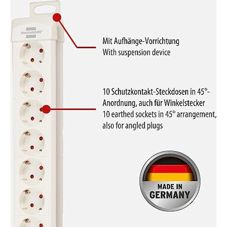 Brennenstuhl Premium-Line, Steckdosenleiste 10-fach (Steckerleiste mit Schalter und 3m Kabel - 45° Winkel der Schutzkontakt-Steckdosen, Made in Germany) weiß – Bild 2