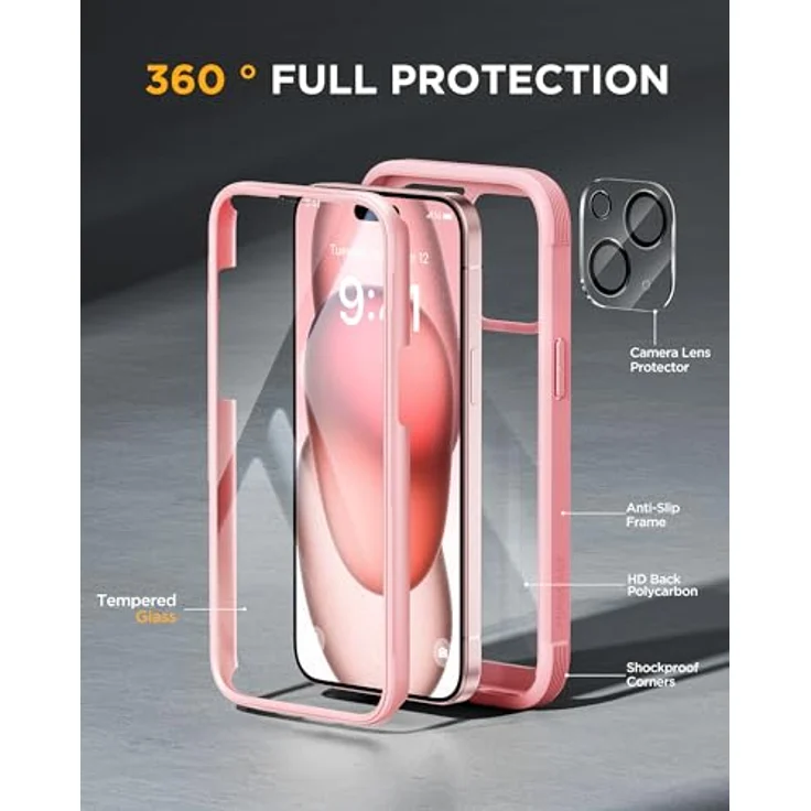 miracase 360° Hülle für iPhone 15, Integrierter 9H Glas Displayschutz, Rosa – Bild 2