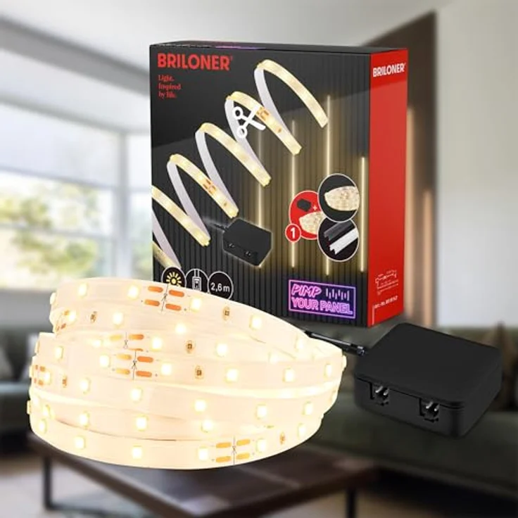 BRILONER - Pimp your Panel LED Strip Starterset, 2,6m, Warmweiß, mit Kabelschalter, LED Streifen, für Zimmer Deko, Weiß – Bild 1