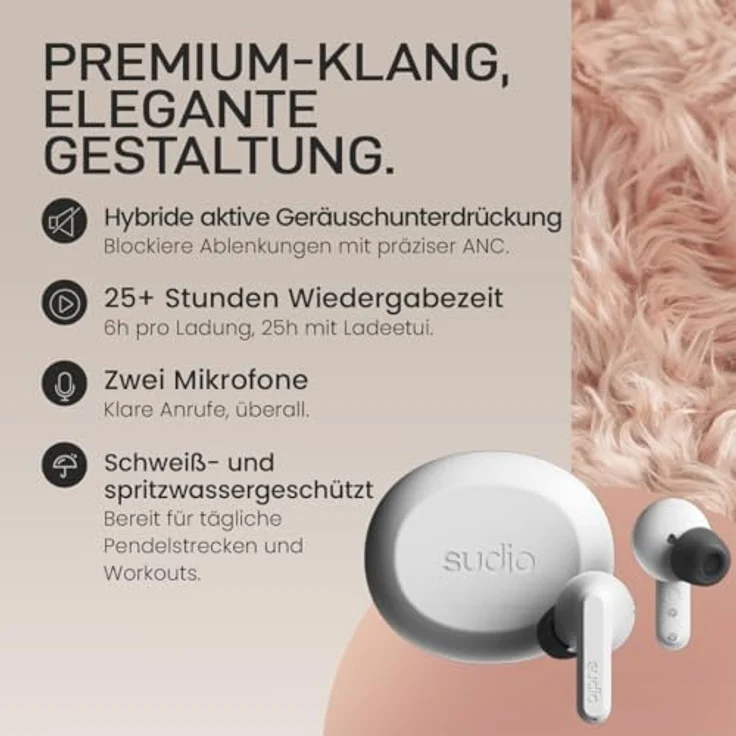 sudio A3 Pro True Wireless Kopfhörer, Noise Cancelling In Ear mit Bluetooth 5.4, 25h Spielzeit, USB-C Ladecase, Weiß – Bild 3