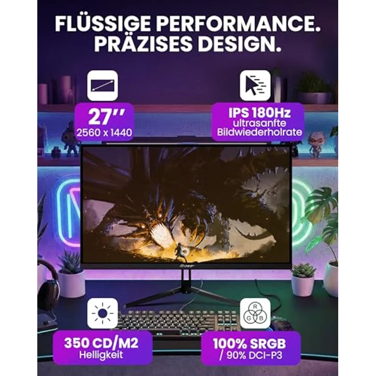 Arozzi Nova 27” Gaming Monitor, QHD 1440p, IPS, 180Hz, Adaptive Sync, HDR10, flimmerfrei, 100% sRGB, Schwarz – Bild 2