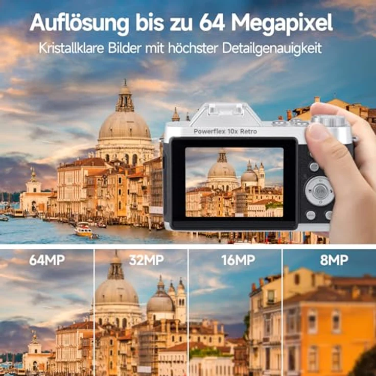 Rollei Powerflex 10x Retro Digitalkamera, 64MP 4K Fotokamera mit Akku & 10X Digitalzoom, Tragbar Kompaktkamera Vintage, Digital-Kamera-Fotoapparat-Camera, Blau – Bild 2