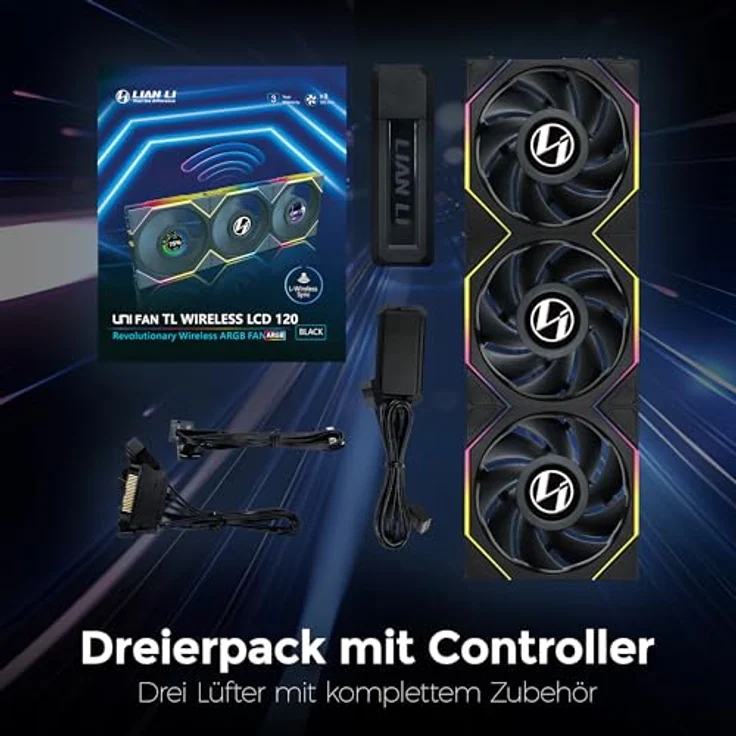 Lian Li UNI FAN TL Wireless LCD PC Lüfter 120mm RGB Schwarz - 3er Pack | PWM Lüfter - 26 ARGB LEDs - bis 1.900 U/min - hoher Airflow - Vibrationsarm - Leise – Bild 3