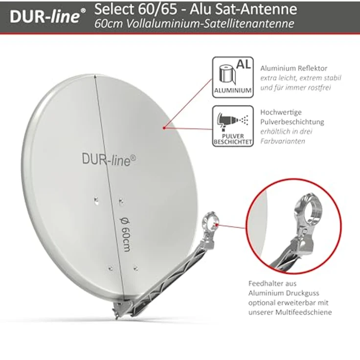 DUR-line Select 60/65 cm Sat Anlage 4 Teilnehmer Komplett Set hellgrau – Bild 4