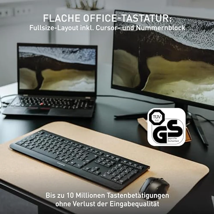 CHERRY KW 3000, Kabellose Tastatur mit Nummernblock, Deutsches Layout (QWERTZ), 2,4 GHz Funkverbindung, Geräuscharme Tasten, Flaches Design, Batteriebetrieben, Schwarz – Bild 2