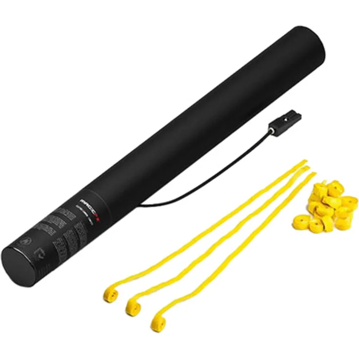 Magic FX E Cannon 50 cm, Elektrische Konfetti Kanone mit gelben Luftschlangen, bis zu 12 m Reichweite, TÜV-zertifiziert