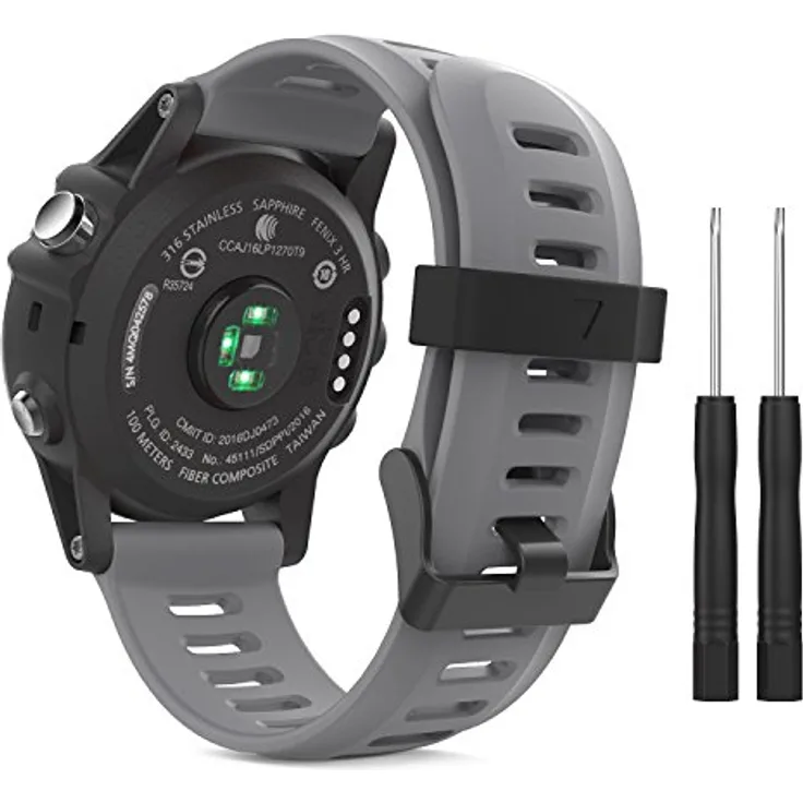 MoKo Armband für Garmin Fenix 3/3 HR/5X/5X Plus/Tactix Charlie/Descent Mk1/Quatix 3, Silikon Sportarmband mit Werkzeug, grau, für Handgelenke 145-210 mm