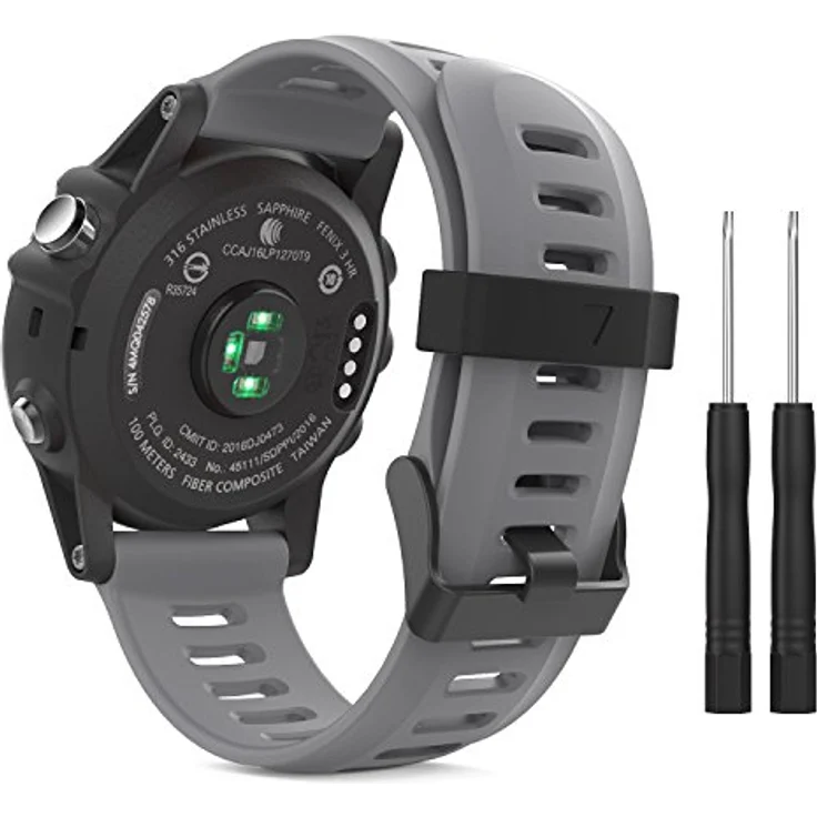 MoKo Armband für Garmin Fenix 3/3 HR/5X/5X Plus/Tactix Charlie/Descent Mk1/Quatix 3, Silikon Sportarmband mit Werkzeug, grau, für Handgelenke 145-210 mm – Bild 1