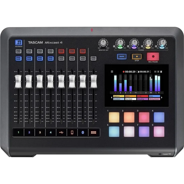 Tascam Mixcast 4, Studio- und Livemixer mit vier Mikrofoneingängen, Auto-Mixer-Funktion und 12,7 cm Farb-Touchscreen, Schwarz