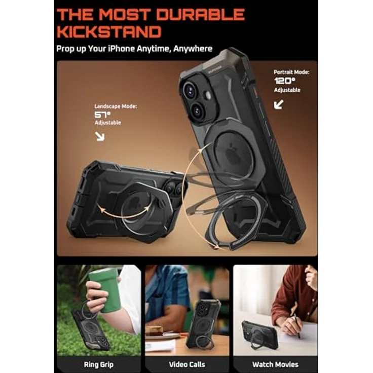 SUPCASE Unicorn Beetle Grip Hülle für iPhone 17 (6,3'' 2025), robust mit Ringhalter, MagSafe-kompatibel, schwarz, Militärstandard Falltests, rutschfester Griff, integrierter Ständer – Bild 4