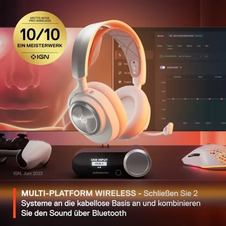 SteelSeries Arctis Nova Pro Wireless - Multi-System Gaming Headset - Magnetische Neodym-Treiber - Active Noise Cancellation -Infinity Power System -ClearCast Gen 2-Mic – PC, PS5, Switch, Mobile -Weiss – Bild 2